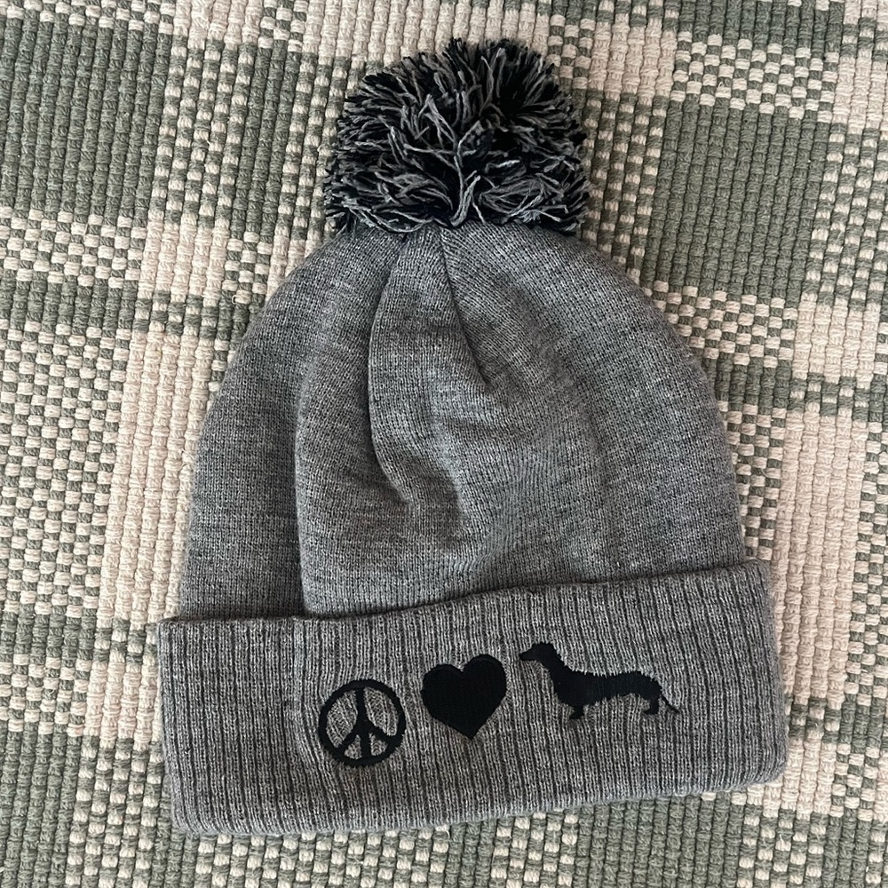 Gray Pom-Pom Unisex Beanie Peace Love Dachshund!!